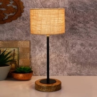 Davian Beige Natural Fiber Shade Table Lamp with Natural Wood & Iron Base