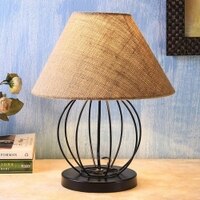 Snow Beige Natural Fiber Shade Table Lamp with Black Iron Base