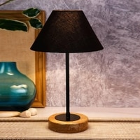 Keenan Black Fabric Shade Table Lamp with Natural Wood & Iron Base