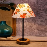 Lucas Multicolour Fabric Shade Table Lamp with Natural Wood & Iron Base