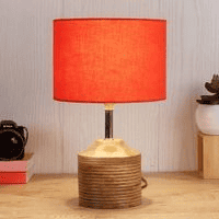Doris Orange Fabric Shade Table Lamp with Natural Wooden Base