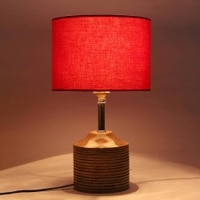 Dorothy Red Fabric Shade Table Lamp with Natural Wooden Base