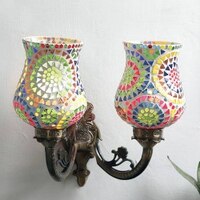 Inis Antique Metal Double Wall Mounted Lamp with Multicolor Mosaic Glass