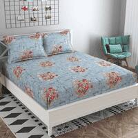 Valeria Silver Floral 160 TC Cotton Double Size Bedsheet with 2 Pillow Covers