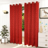 Lucia Red Color Floral Long Door Curtain - Set of 2