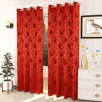 Ella Red Color Floral Long Door Curtain - Set of 2