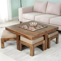 Blane Sheesham Wood 4 Seater Coffee Table Set In Teak Finish