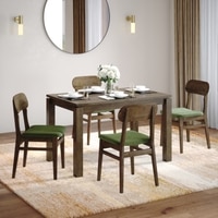 Atlas Solid Wood 4 Seater Dining Table With 4 Lunar Dining Chairs (Finish : Danish Walnut, Chair Colour : Moss Green)