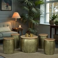 Imperial Artisan Metal Coffee Table with 4 Stools in Gold Finish Set of 5