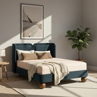 Nobella Opal King Size Bed in Grey Blue Velvet with Spherical Legs, Oak Wood Frame & Hydraulic Storage