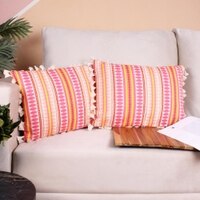 Acrylic Striped Cushion Cover with Lace Set of 2 (12 X 18 Inches)