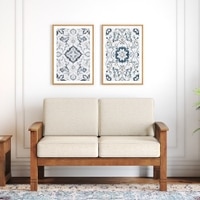 Raynor 2 Seater Wooden Sofa, Finish- Amber Walnut, Fabric- Macadamia Brown