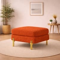 Doe Buck Luxe Boucle Square Ottoman in Orange Colour with Gold Metal Legs
