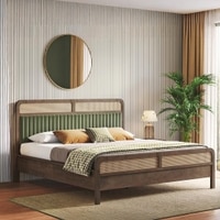 Hanoi Solid Wood Cane King Size Nonstorage Bed In Danish Walnut Finish with Deep Olive Colour