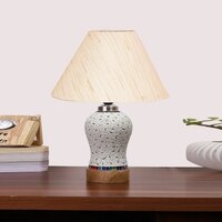 Devansh Conical Off White Cotton Shade Lamp With Wood & Mosaic Glass Base For Decoration/Office/Home/Gifting/Study For Decoration/Office/Home/Gifting/Study -(10X10X14.5) Inches -A