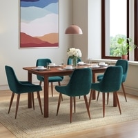 Dane Solid Wood Dining Table 6 Seater with 6 Rickman Lounge Chairs (Finish: Honey, Colour: Jade Blue)
