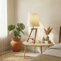 Angular Wooden Table Lamp with Brown Base and Premium White Fabric Lampshade
