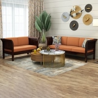 Haveli 3+2 Seater Wooden Sofa (Orange Colour, Walnut Finish)