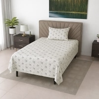 Rhea White Floral 290 TC Cotton Flat Single Size Bedsheet with 1 Pillow Cover – Threads