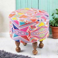 Louisville Acacia Wood Parisian Round Pouffe in Multicolour Jacquard