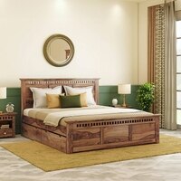 Fidora Solid Wood Queen Size Drawer Storage Bed In Teak Finish