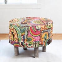 Rosslyn Solid Wood Ottoman Pouffee in Multi Colour Israel Print Kantha fabric