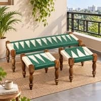 Hamilton Sheesham Wood Vintage 3 Seater Maachi Balcony Bench with 2 Stools in Green and White
