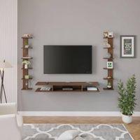 Estoye Engineering Wood Wall Mount TV Entertainment Unit Set Top Box Stand/TV Cabinet with Shelves for Books & Décor Display Unit, Ideal for 55” (Brown Maple)