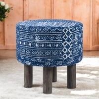 Morgan Solid Wood Pouf Stool in Indigo Patch Kantha Fabric