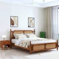 Neeta Solid Mango Wood Queen Size Bed With Rattan Cane Desgined In Natural Teak Finish