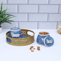 Cow Round Basket With Jar Set Of 3 In Gold Colour