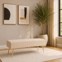 Doe Buck Upholstered Bench in Beige Colour with Channel Stitching and Gold Legs