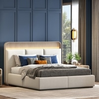 Valeria Engineered Wood Queen Size Bed with Hydraulic Storage Bed in Beige Finish