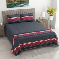 Navy Geometric 400 Tc  Cotton Flat  Super King Size Bedsheet With 2 Pillow Cover
