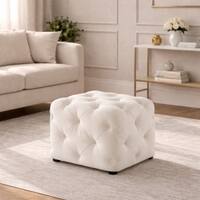 Doe Buck Colchester Velvet Tufted Ottoman Cube in Off White Colour with Wooden Base