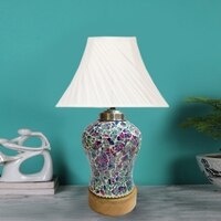 Devansh Off-White Cross Pleated Cotton  Shade  Lamp With  Wood & Mosaic Glass Base For Decoration /Office/Home/Gifting/Study For Office/Home/Gifting -(12X12X16) Inches -