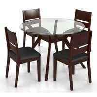 Wesley - Cabalo (Leatherette) 4 Seater Round Glass Top Dining Table Set (Colour- Black, Finish- Dark Walnut)