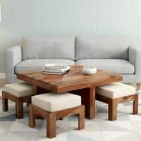 Blane Sheesham Wood Accent Coffee Table Set With 4 Stools In Natural Teak Finish