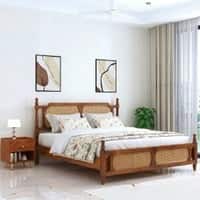 Regale Solid Mango Wood King Size Bed With Cane Desgined In Natural Teak Finish