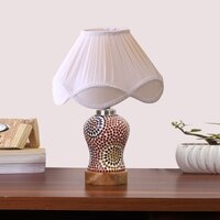 Devansh Off-White Vintage  Cotton Pleated Shade Lamp With Wood & Mosaic Glass Base For Decoration/Office/Home/Gifting/Study For Decoration/Office/Home/Gifting/Study