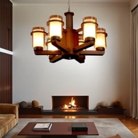 Eliante Chandelier - 6 Light Mild Steel Wood Glass Hanging Ceiling Light Fixture