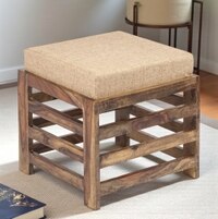 Houston Sheesham Wood Stool in Teak Finish with Jute Beige Cushion