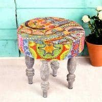 Roswell Sheesham Wood Bohemian Round Stool in Israel Print Patchwork Kantha Upholstery