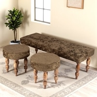 Cairo Sheesham Wood Accent 3+1+1 Seater Bench Set With 2 Stools In Green Sparkle Velvet