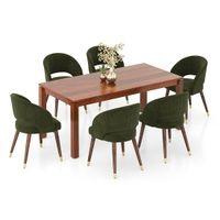 Atlas Solid Wood 6 Seater Dining Table In Honey Finish with 6 Celia Deep Olive Velvet Fabric in Dark Teak Finish