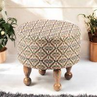 Louisville Acacia Wood Parisian Round Pouf Stool in Multicolour
