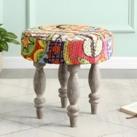 Roswell Sheesham Wood Bohemian Round Stool in Israel Print Patchwork Kantha Upholstery