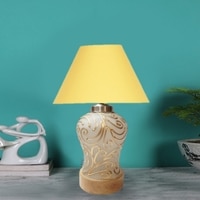 Devansh Conical  Yellow Cotton Shade  Lamp With  Wood & Mosaic Glass Base For Decoration /Office/Home/Gifting/Study For Decoration /Office/Home/Gifting/Study -(10X10X14.5) Inches -