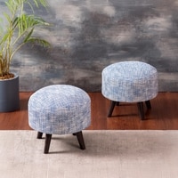 Slub Jacquard Wooden Ottoman in Blue Color Set of 2