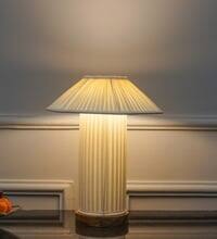 MOULINS Small White Fabric Table Lamp with Brown Wood